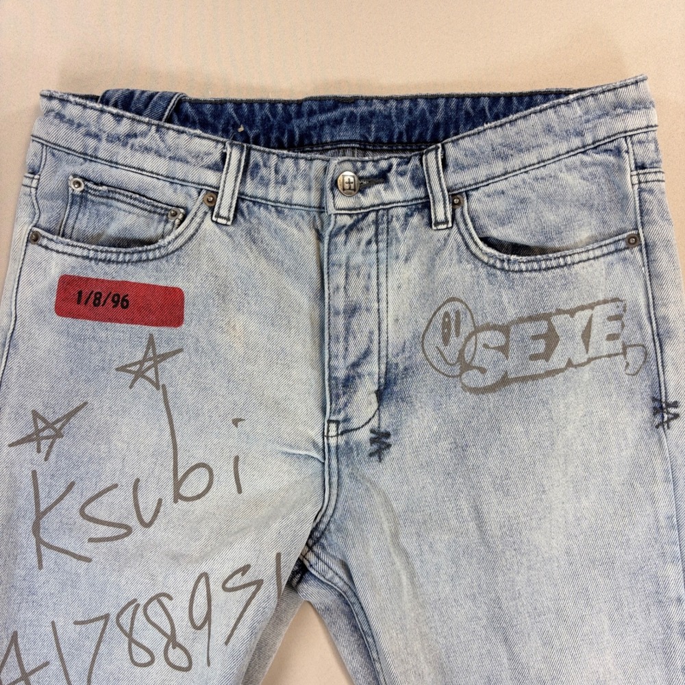 Ksubi Chitch Jeans Mens 33 Light Wash Distressed Graphic Streetwear Denim Pants